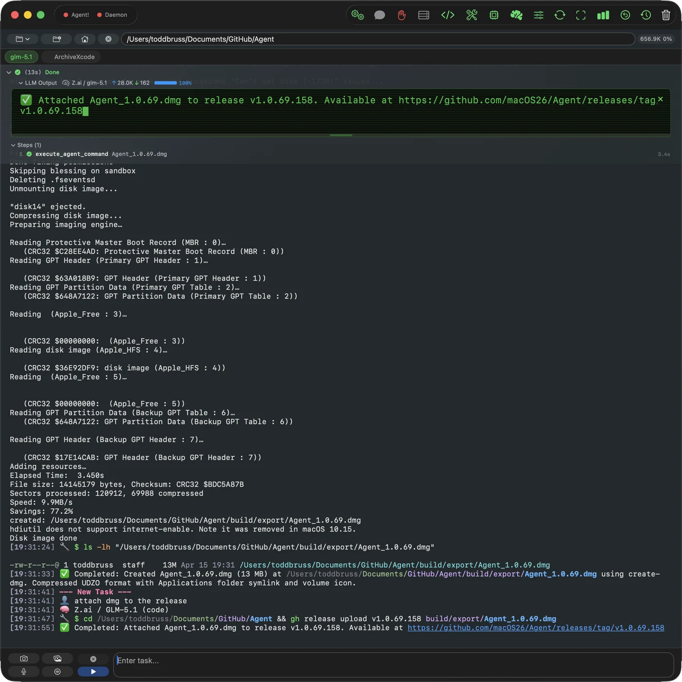AgentiLoop Agent! attaching a freshly built DMG to a GitHub release, with the hdiutil output in the activity log