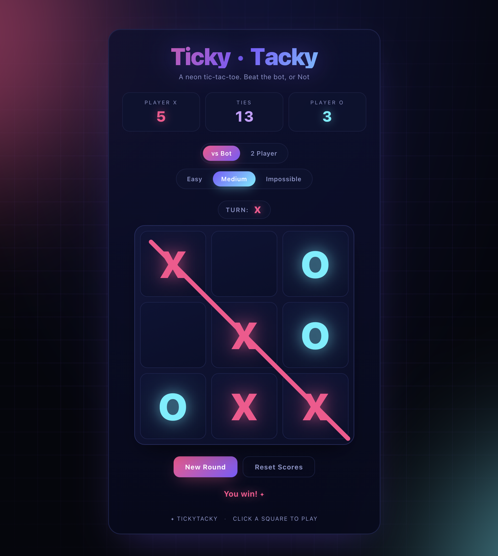 Ticky Tacky neon tic-tac-toe game by Agent! showing a dark purple UI with scoreboard (Player X: 5, Ties: 13, Player O: 3), vs Bot mode selected, Medium difficulty active, and a 3x3 board of glowing neon pink X and cyan O marks with a pink diagonal strike line marking an X win